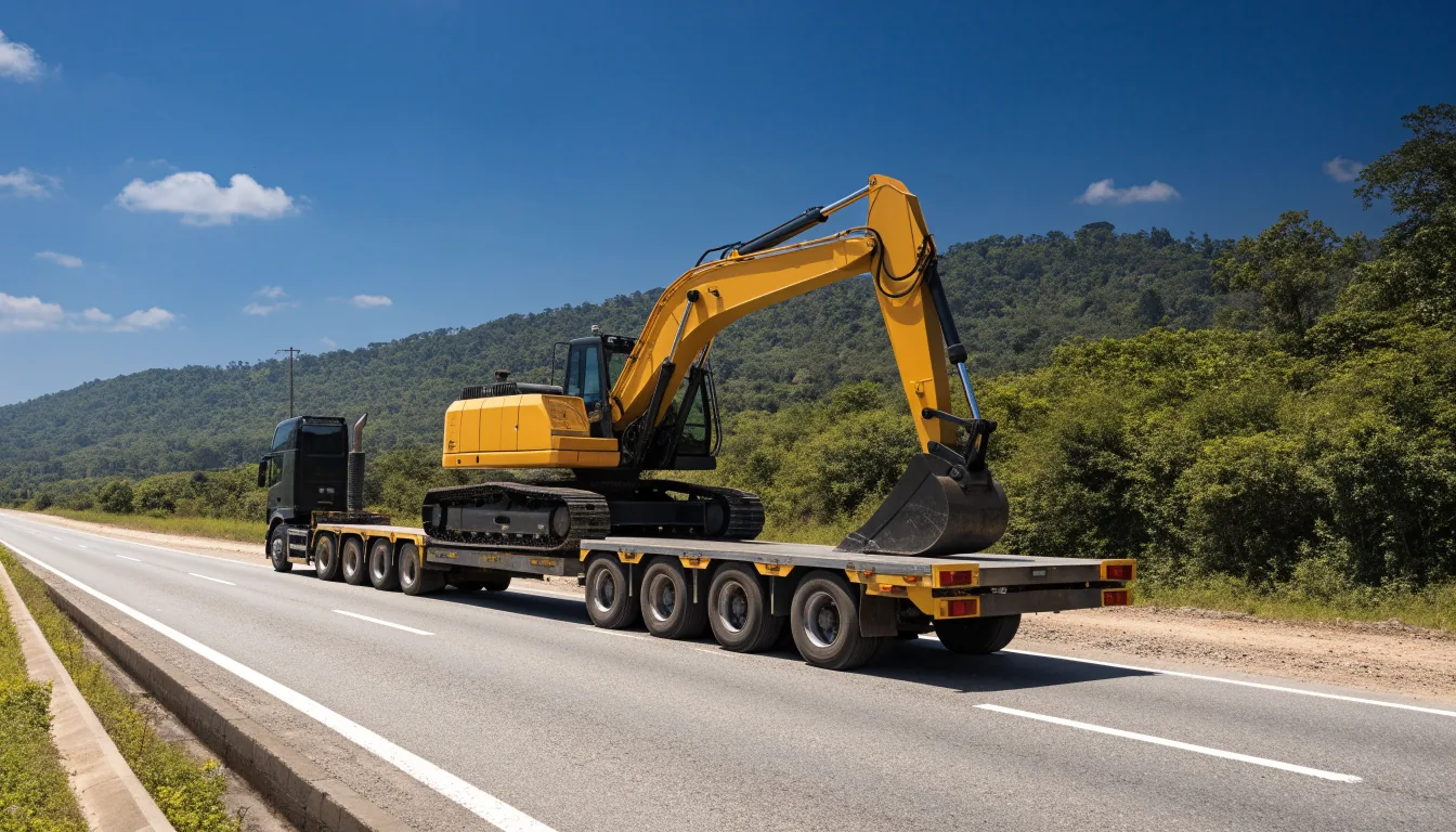 Excavator kuning diangkut trailer lowbed di jalan raya Kalimantan Timur