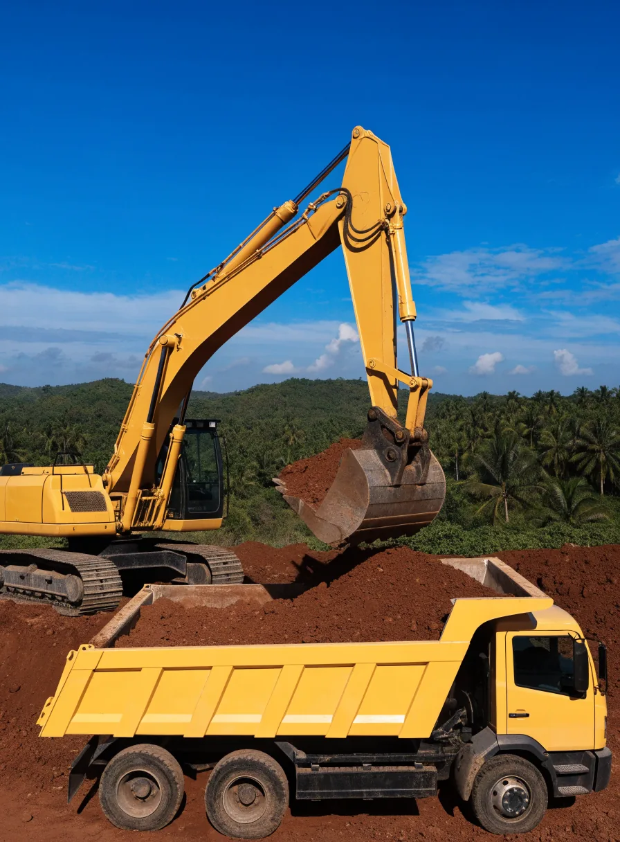 Excavator dan dump truck bekerja di lahan tanah merah proyek Kalimantan Timur