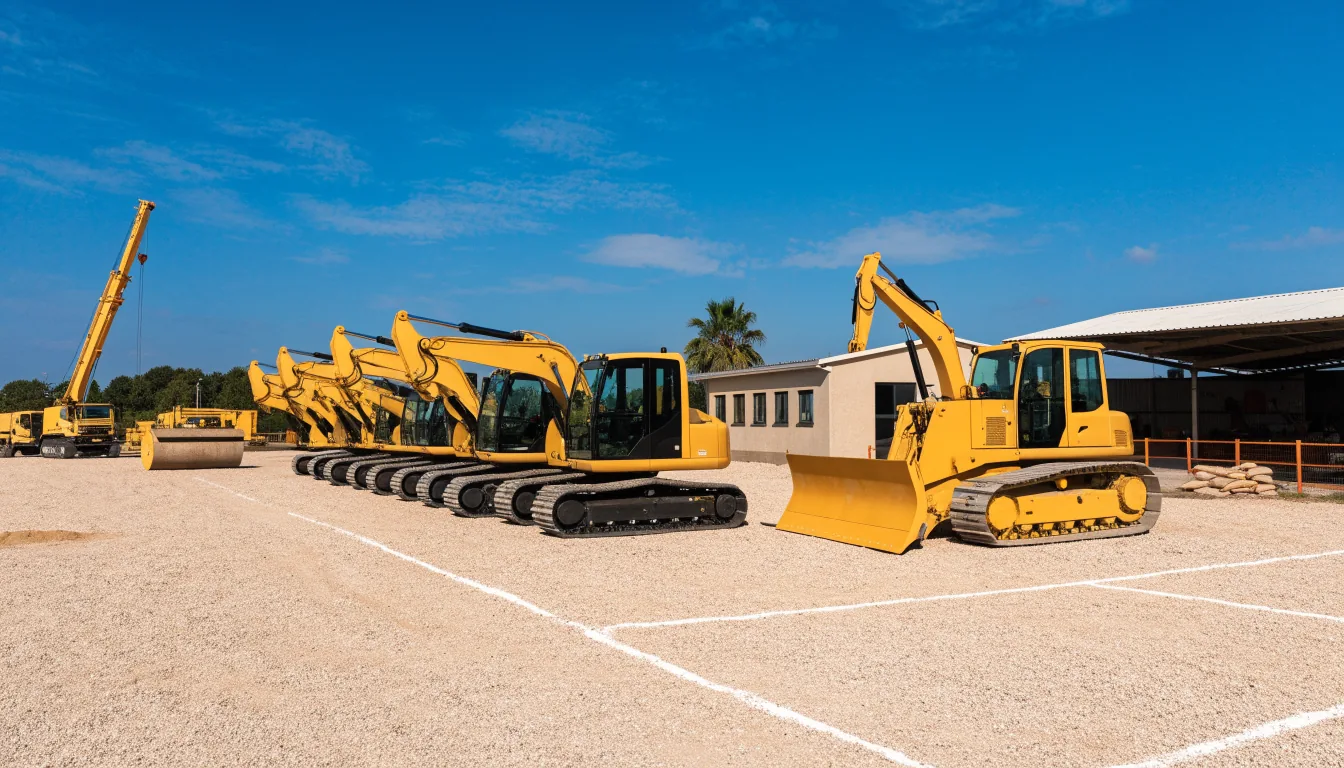 Yard alat berat Trak Rent di Balikpapan dengan deretan excavator, bulldozer, dan crane kuning